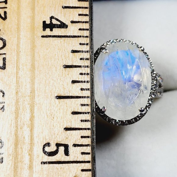 Premium Moonstone & White Zircon halo ring in Plat over 925SS sz 7 10.60 cts - Picture 2 of 5